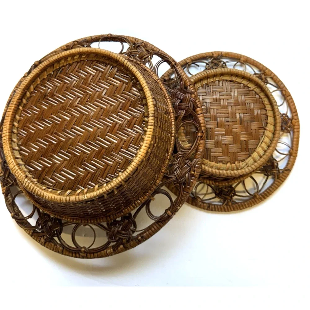 Vintage Boho Rattan Set of 2 Woven Basket Geometric Pattern Storage Entryway